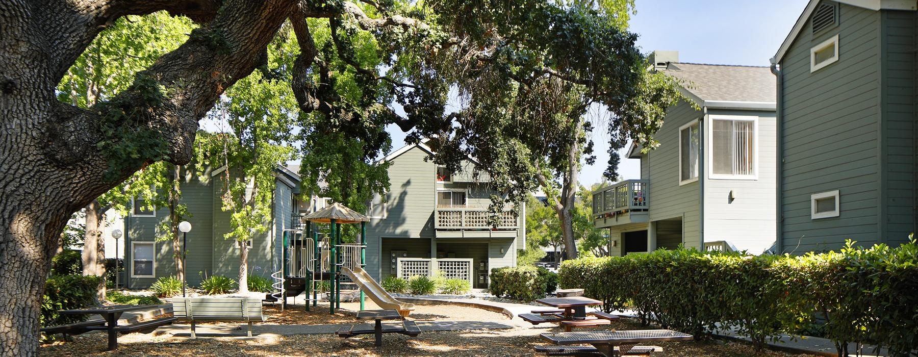 a backyard with trees and benches and a playground
